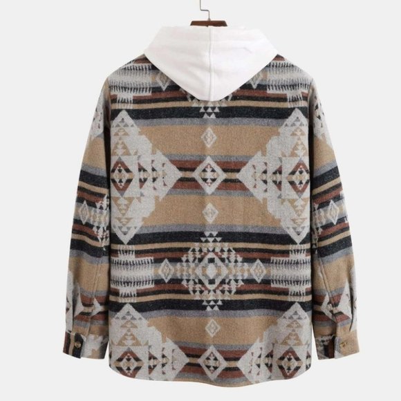 Tan Geo Print Mens Overcoat - Picture 2 of 4